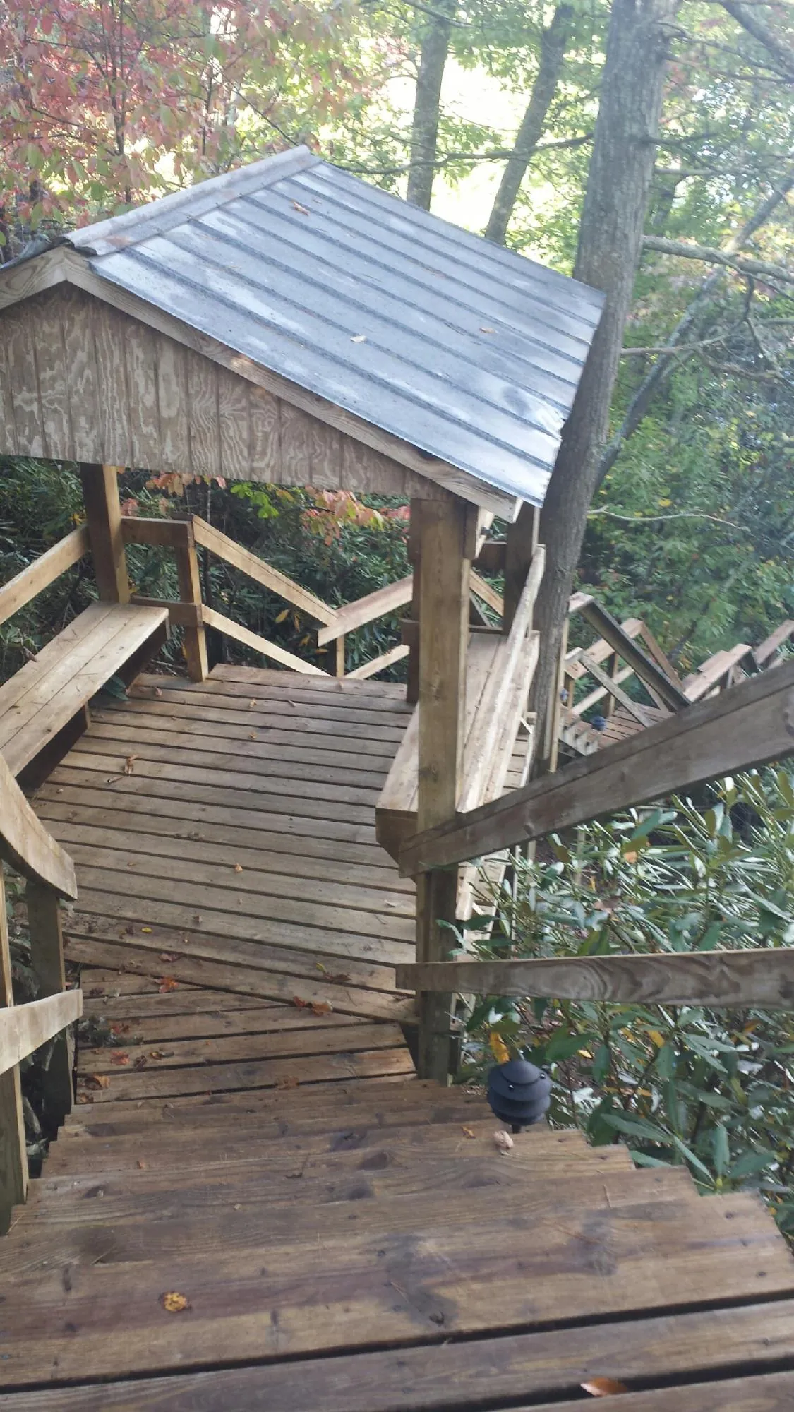 Metal roofed shelter over wooden steps on a wooded walkway — Skylight Repair & Installation work by our crew in Fletcher